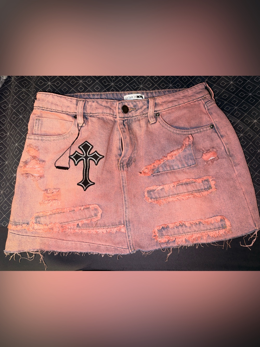 Fashion Nova Pink Distressed Denim Shorts with Cross Patch